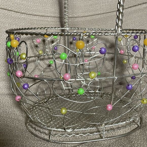 Metal Basket w/Multicolored Beads and Swirl Designs (Perfect for Easter) - Picture 4 of 15